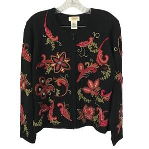 Talbots Sweater Large Womens Floral Embroidery Long Sleeve Wool Bead Zip Front L